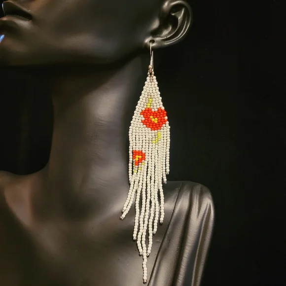 Red Floral Beaded Earrings - Picture 3 of 4